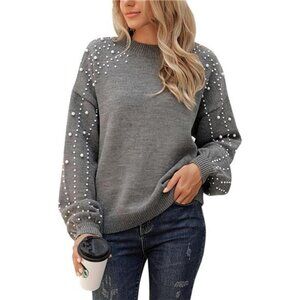 Women’s Chunky Sweater – Crewneck Knit Pullover with Lantern Sleeves & Pearls